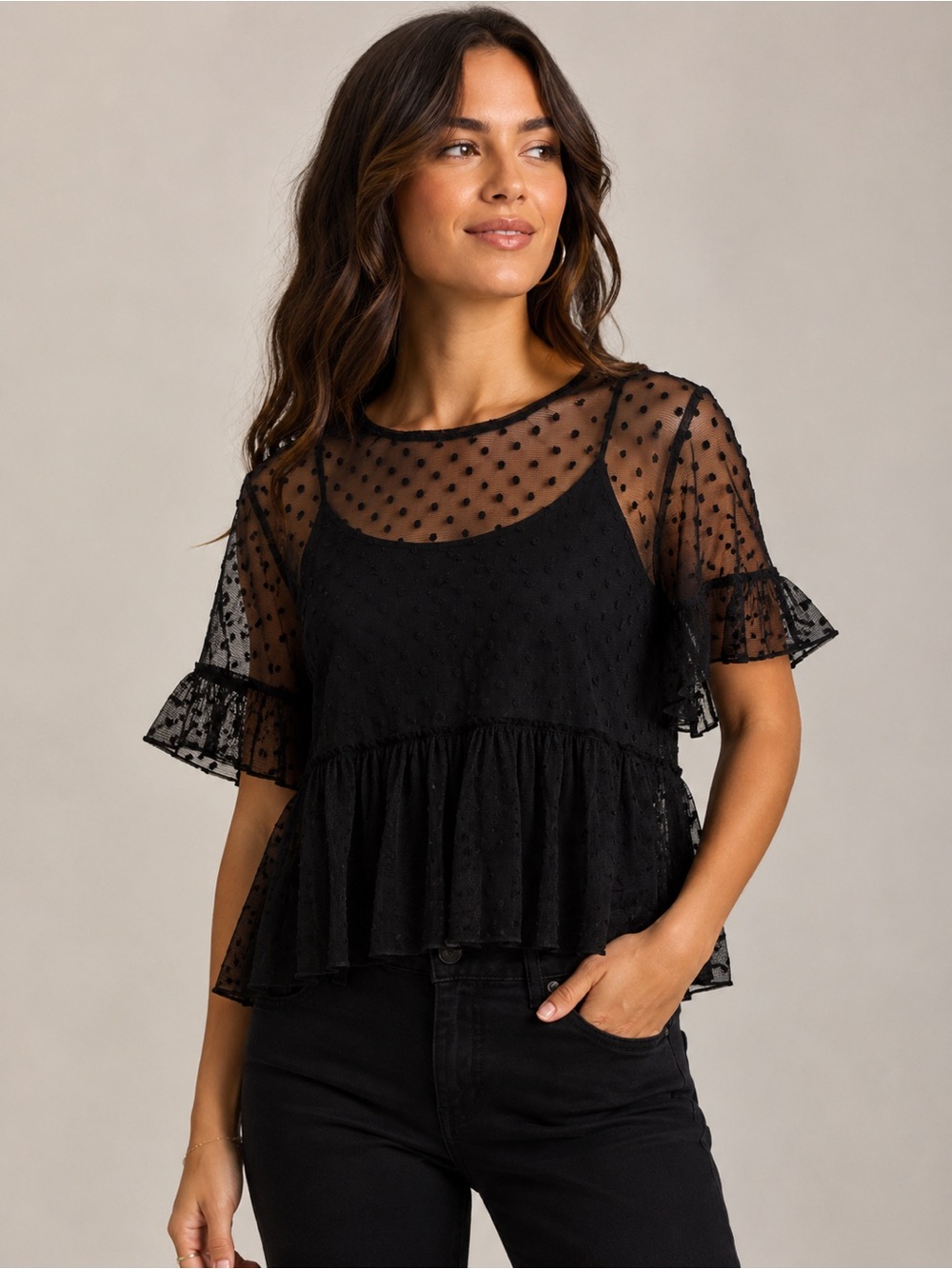 Black Sheer Mesh Polka Dot Ruffle Cropped Flutter Sleeve Women’s Top Size 2X